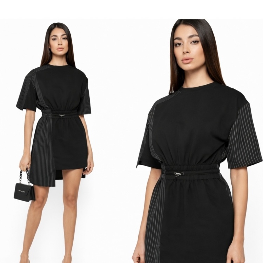 Maniere de voir women’s Pinstripe Panel Drawstring Waist Mini Dress size 10
